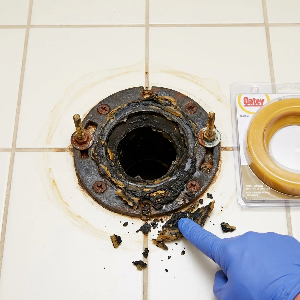 Failed wax ring showing water seepage at the base of a toilet in a Monroe, OH home