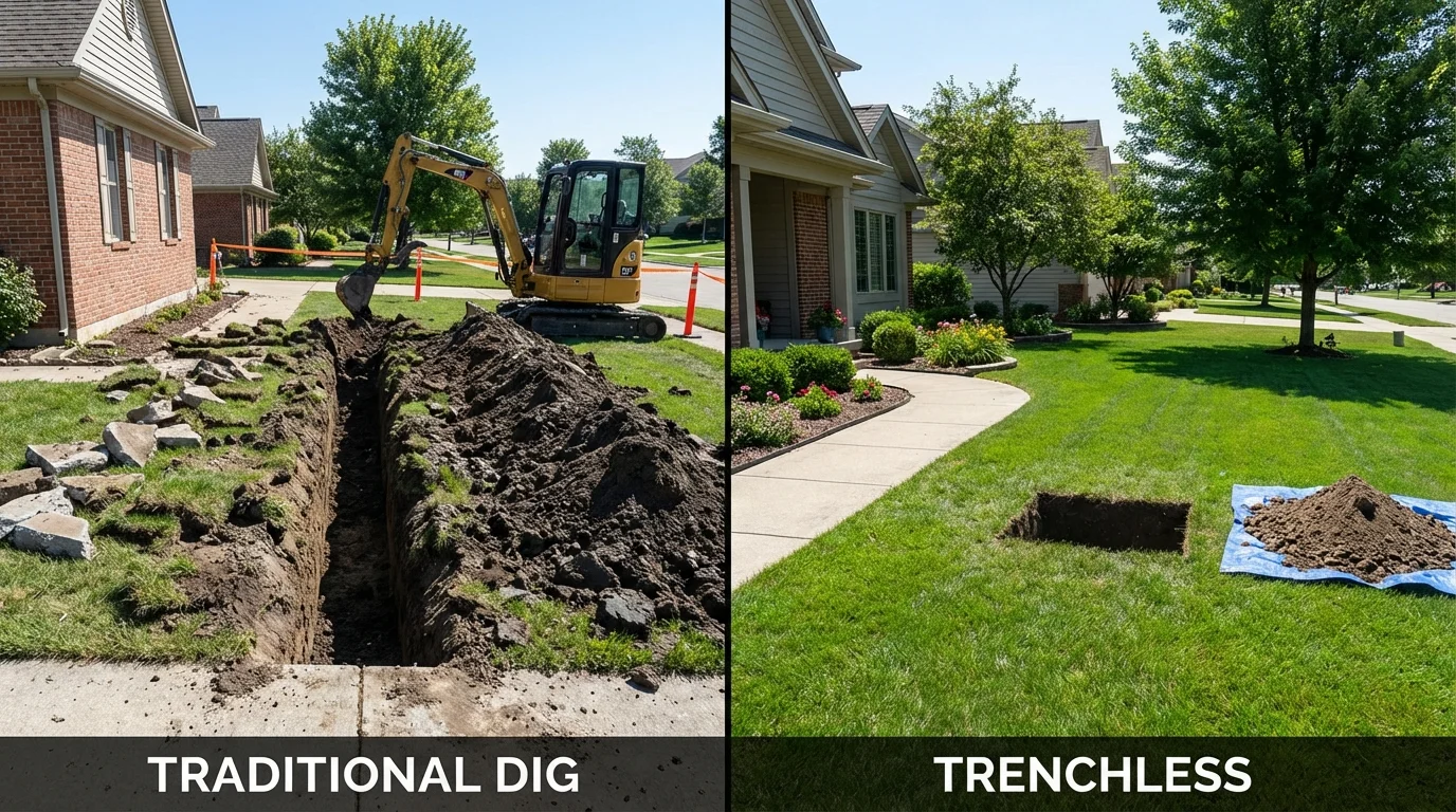 Trenchless sewer repair with minimal yard damage versus traditional excavation in Monroe, OH