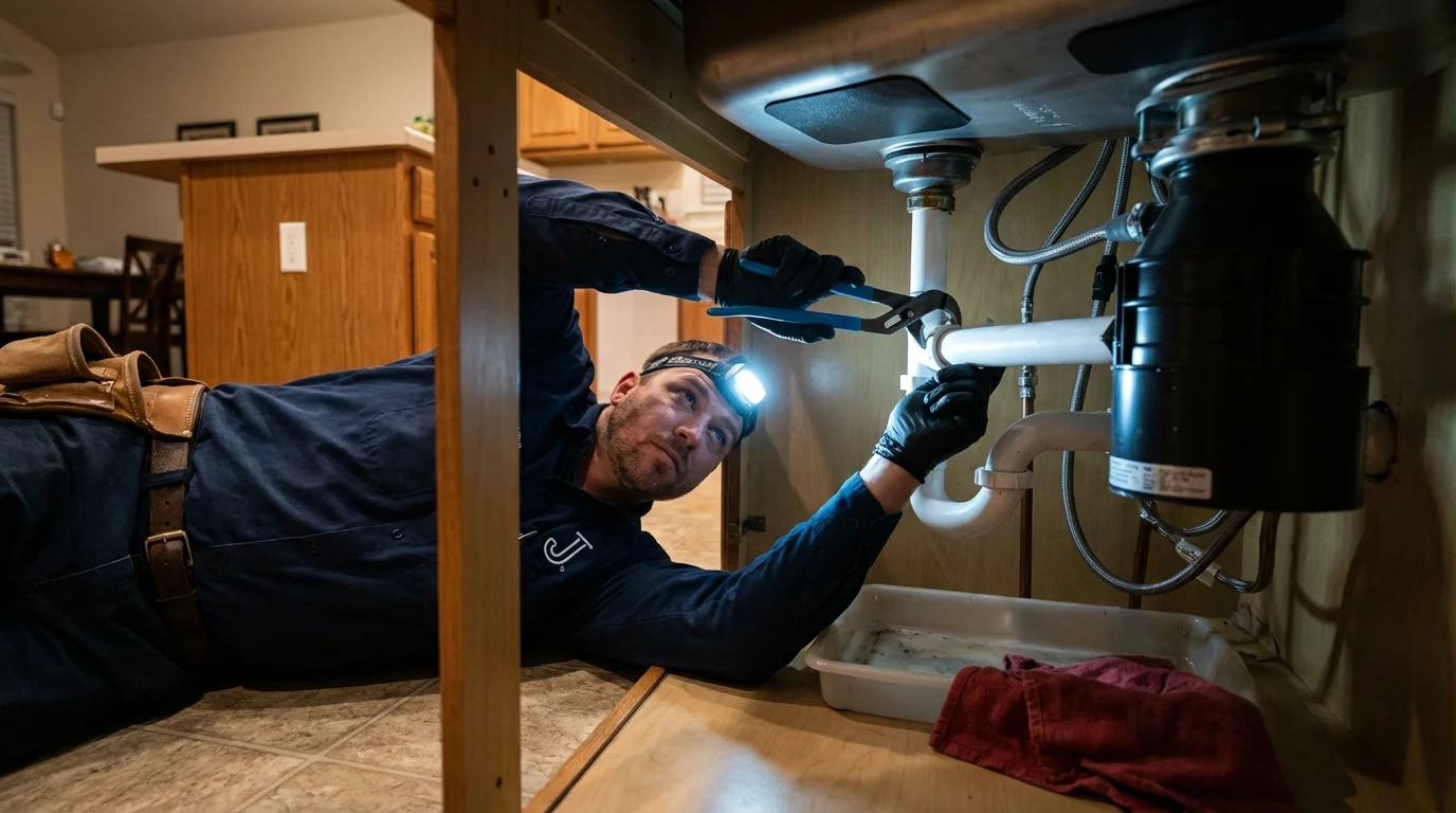 P-trap and supply line connections under a kitchen sink showing a common leak point in Monroe, OH